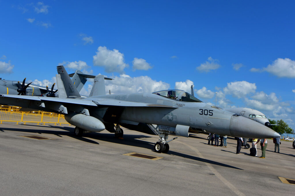US Navy Boeing F/A-18E/F Super Hornet fighter on display at Singapore Airshow