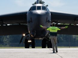 USAF B-52H Stratofortress strategic bomber arriving in civilian airport