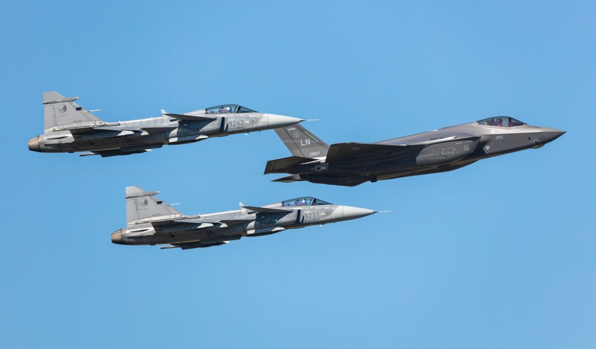 USAF Lockheed F35 Lightning II stealth fighter jet in formation with two Czech Saab Gripen jets