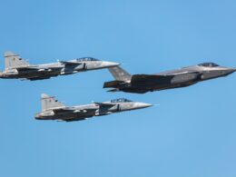 USAF Lockheed F35 Lightning II stealth fighter jet in formation with two Czech Saab Gripen jets