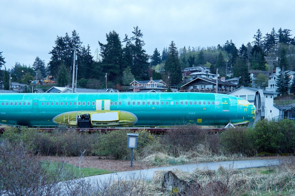 Unfinished Boeing 737 MAX fuselage traveling on rail to Renton Washington the United States Boeing is facing logistical challenges in the face of a rail bridge collapse in Montana