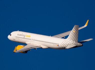 Takeoff of Vueling Airlines Airbus A320-271N EC-NCT from El Prat Airport in Barcelona