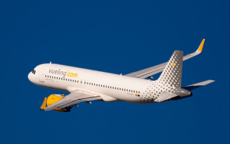 Takeoff of Vueling Airlines Airbus A320-271N EC-NCT from El Prat Airport in Barcelona