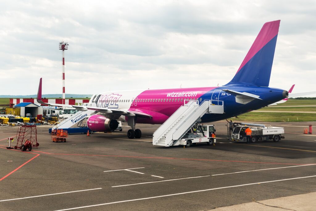 A Wizz Air plane parked at Chisinau Airport in Moldova