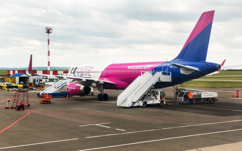 A Wizz Air plane parked at Chisinau Airport in Moldova