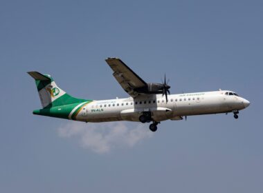 Yeti Airways ATR 72-500 turboprop aircraft flying through the air