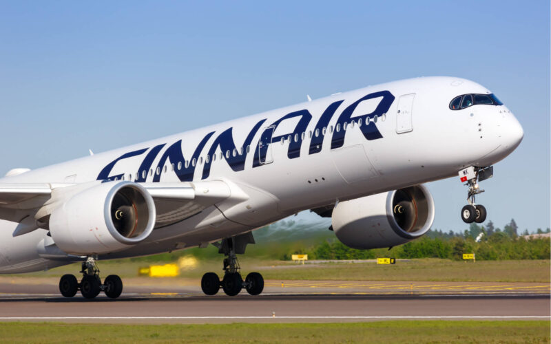 Finnair Airbus A350 airplane taking off at Helsinki Airport.