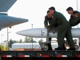 A USAF B61 gravity bomb being loaded onto a C 17