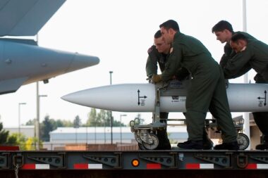 A USAF B61 gravity bomb being loaded onto a C 17
