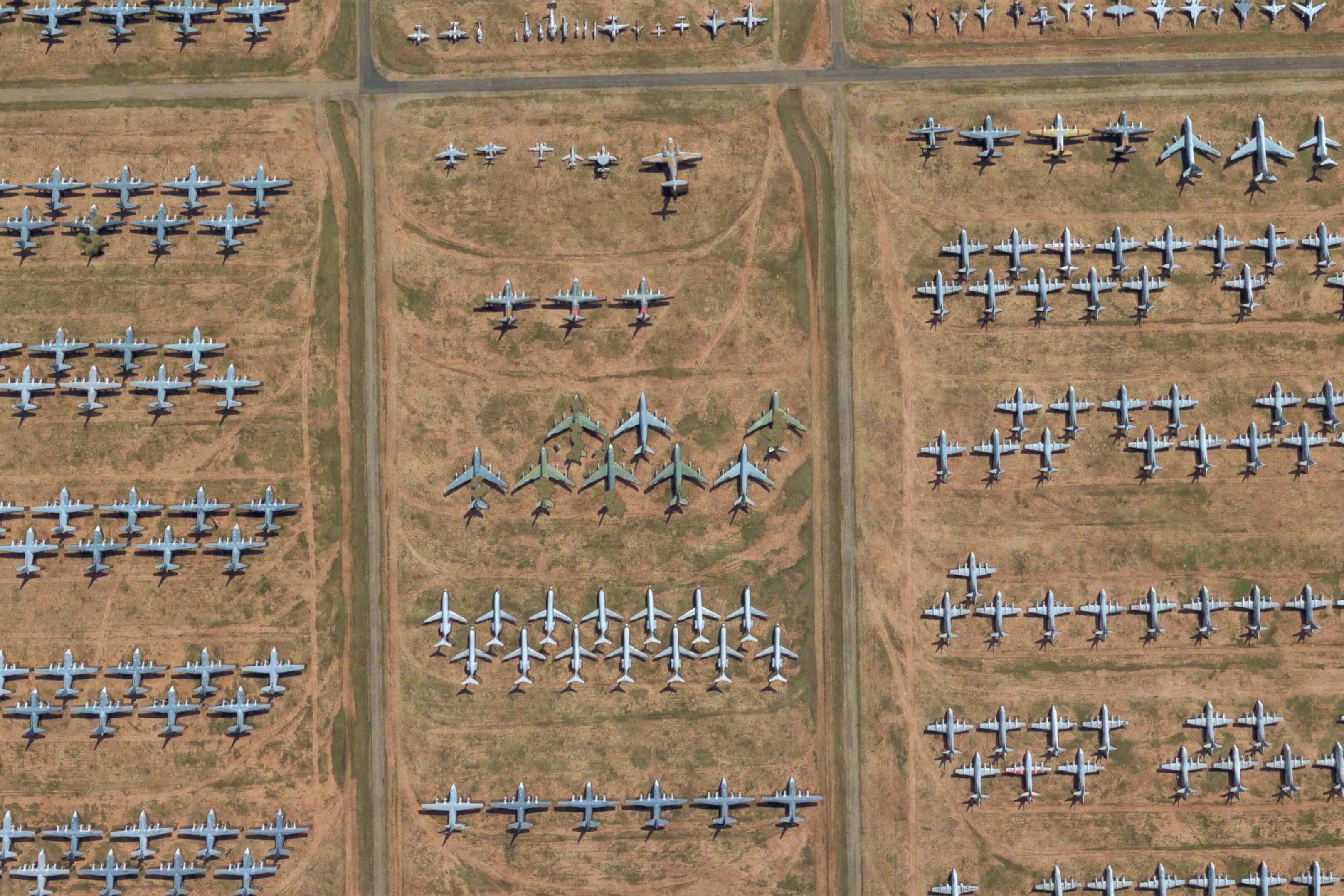 Aerial view of aircraft boneyard