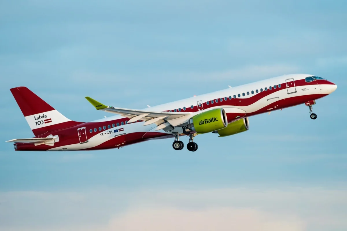 airBaltic Airbus A220 with the Latvian flag livery departing Riga Airport RIX airBaltic celebrated the Latvian mens national ice hockey teams first ever medal with style
