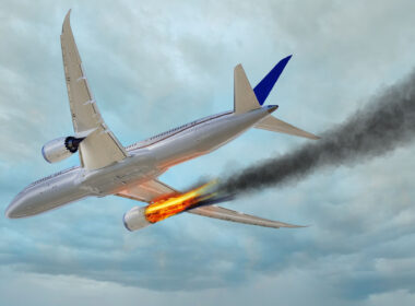 airplane flying in the sky with an engine on fire Mayday danger