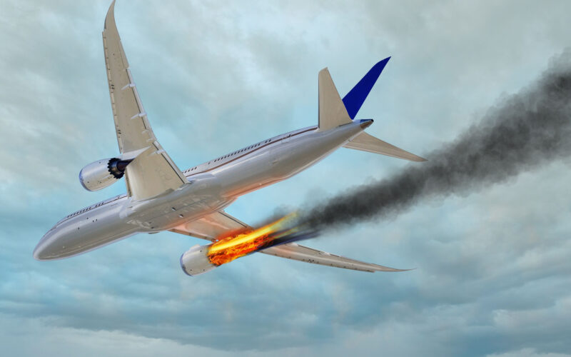 airplane flying in the sky with an engine on fire Mayday danger