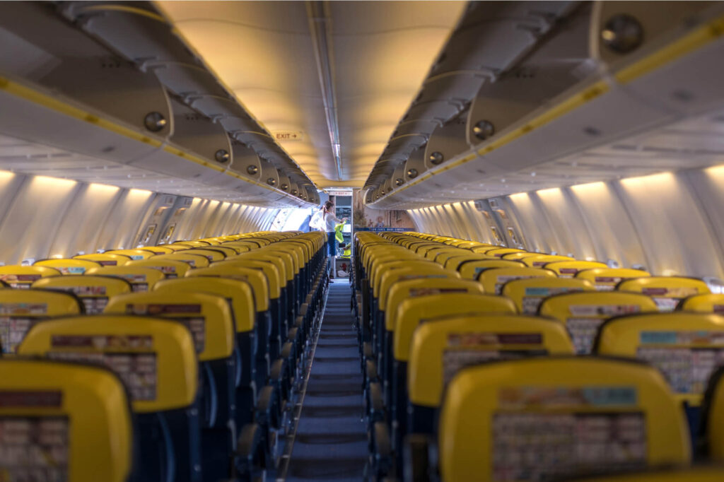 Ryanair Jet airplanes interior empty view.