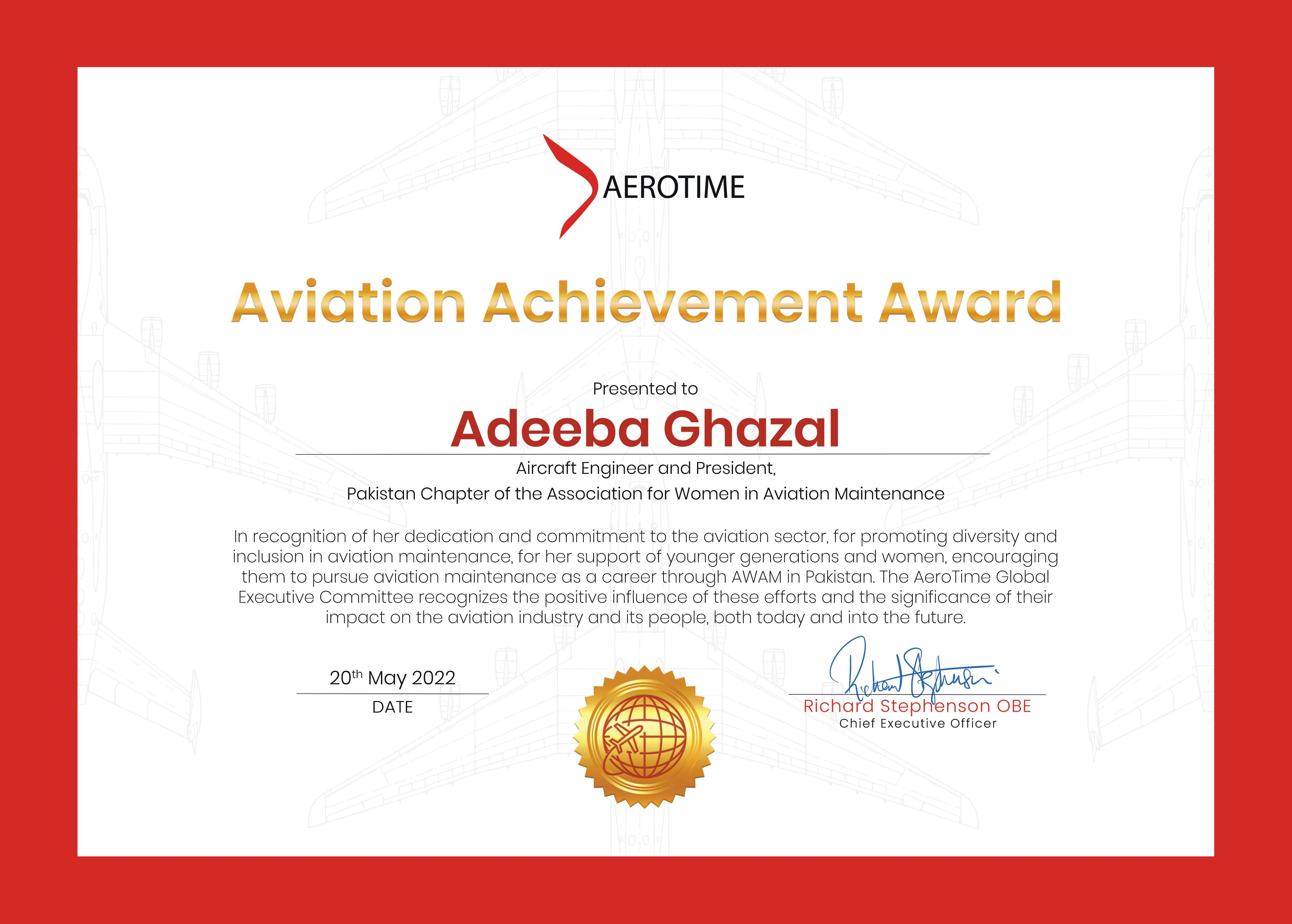 AeroTime Aviation Achievement Award for Adeeba Ghazal