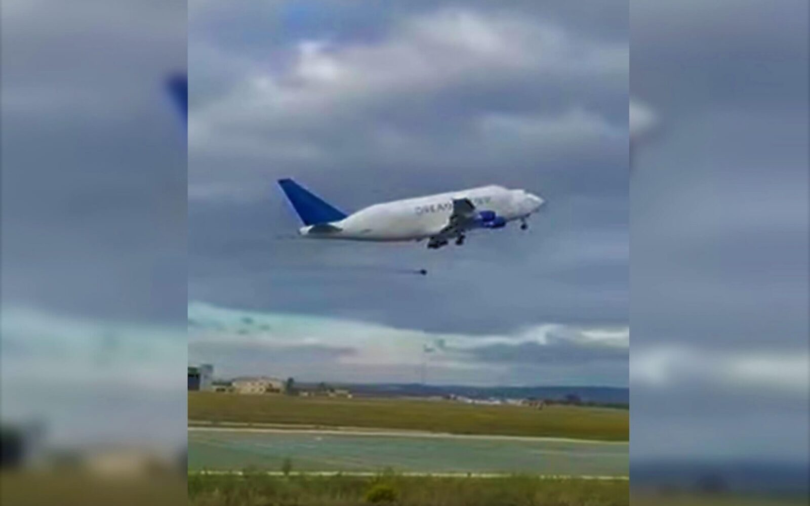 Footage captures moment Boeing 747 Dreamlifter loses a wheel after take