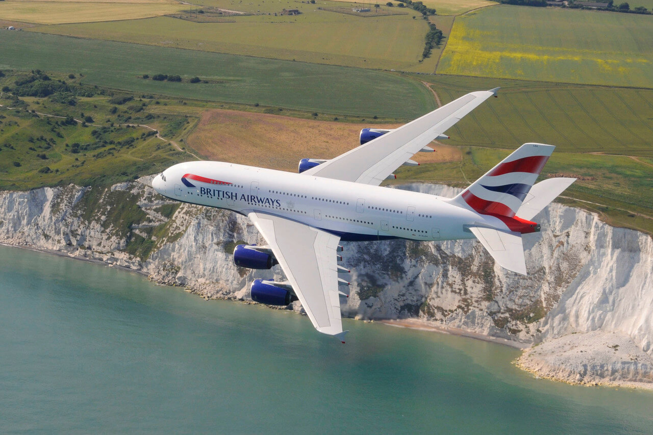 BA A380 over the white cliffs of dover