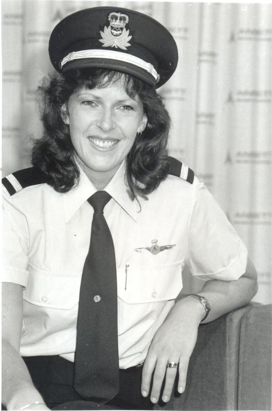 Deborah Lawrie black and white photo in pilot uniform in 1980