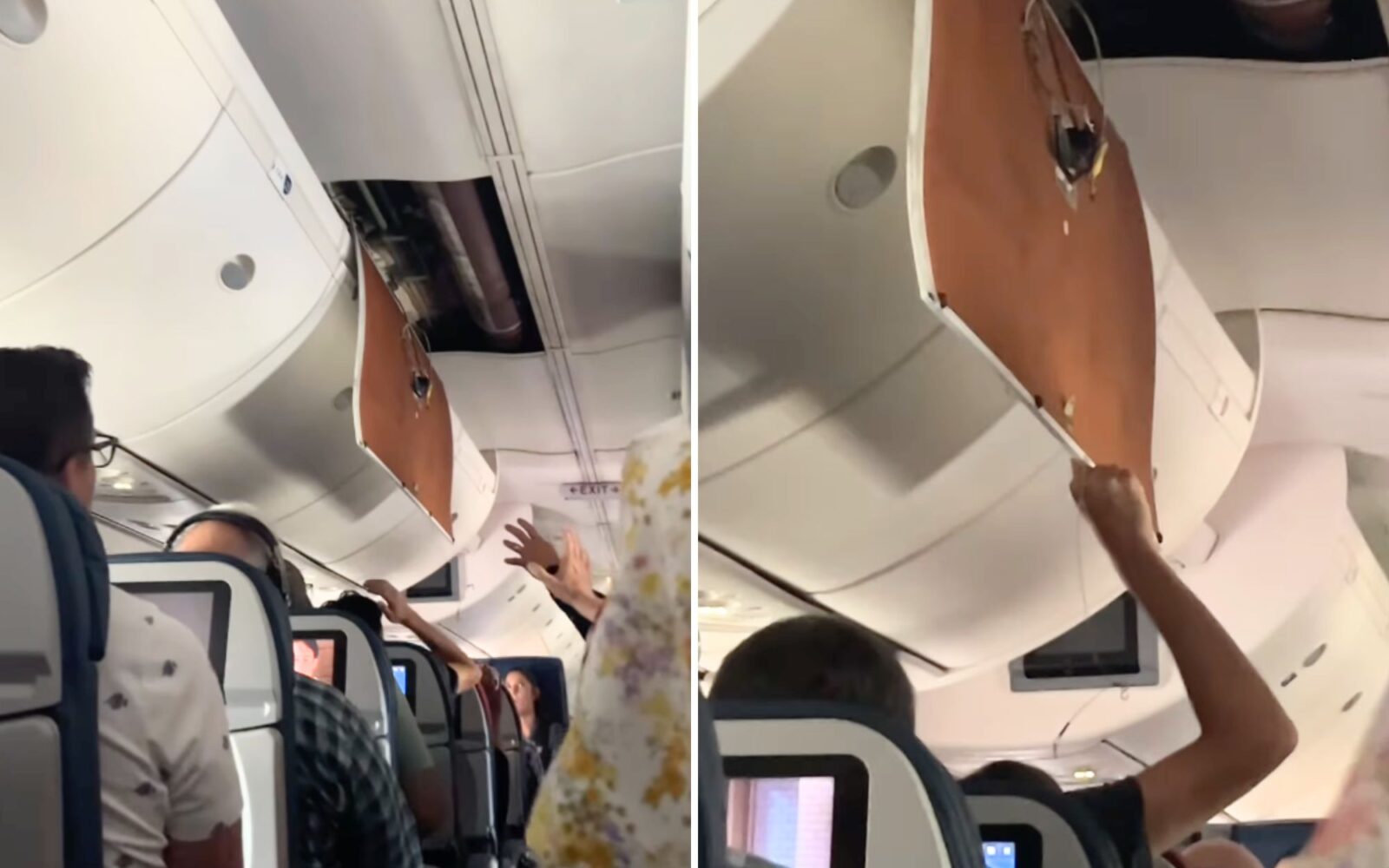 Passengers hold up aircraft ceiling panel while landing AeroTime