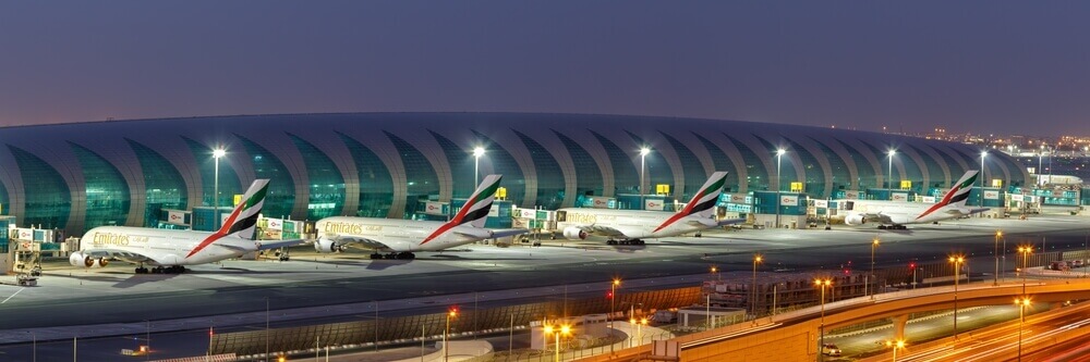 Emirates A380s lined up in Dubai