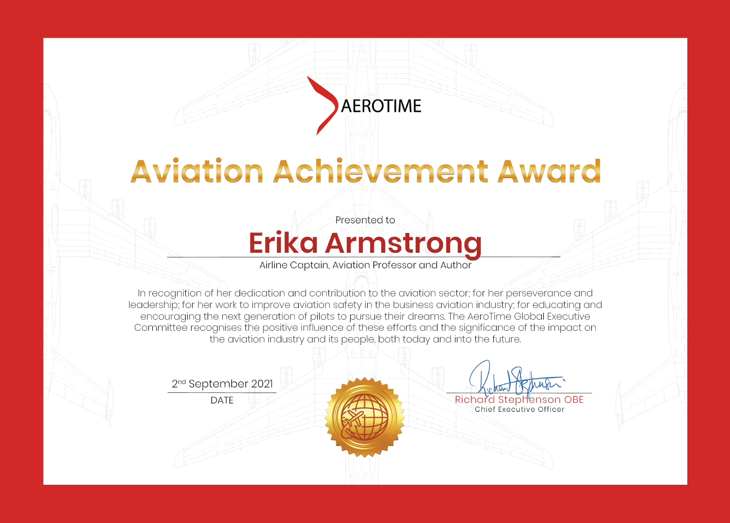 Erika Armstrong, AeroTime Aviation Achievement Award