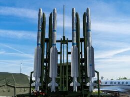 An IRIS T SLS short range air defense launcher displayed by Diehl Defence at ILA Berlin in April 2018