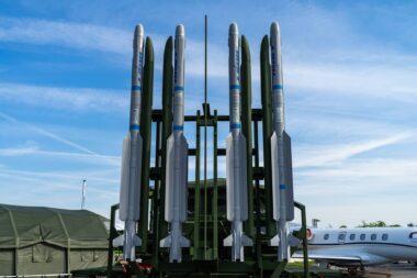 An IRIS T SLS short range air defense launcher displayed by Diehl Defence at ILA Berlin in April 2018