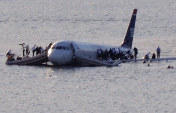 Photo of US Airways Flight 1549 after crashing into the Hudson River in New York City, United States.