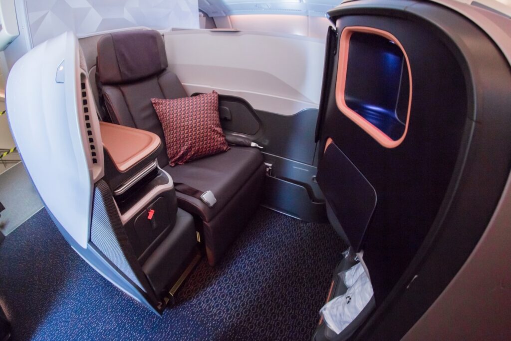 Sydney to Singapore flight. Interiors of a New A380 Business Class introduced in 2018 by Singapore Airlines