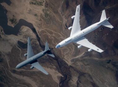 An E-4B being refueled by a KC-46 Pegasus tanker