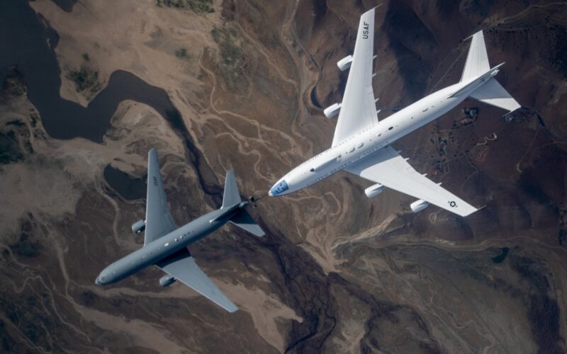 An E-4B being refueled by a KC-46 Pegasus tanker