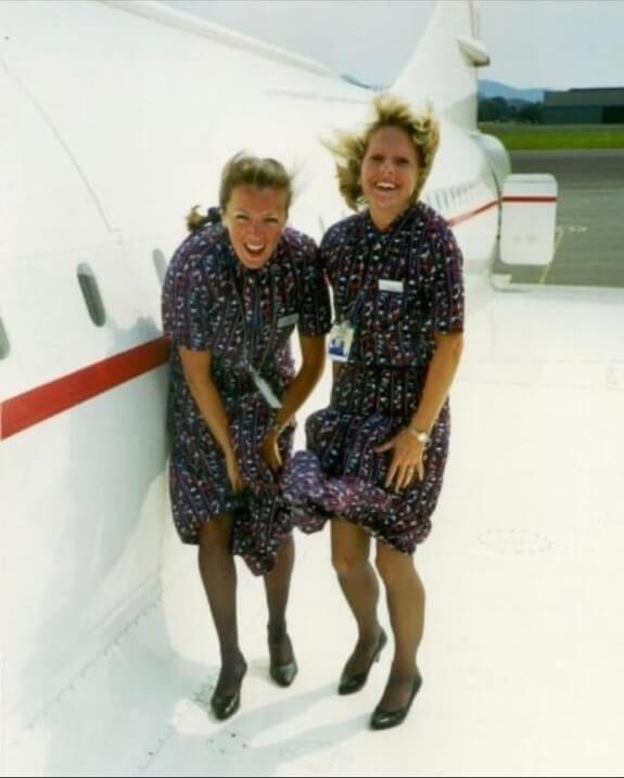 Flight attendant Lynn Hood and a colleague on Concorde wing
