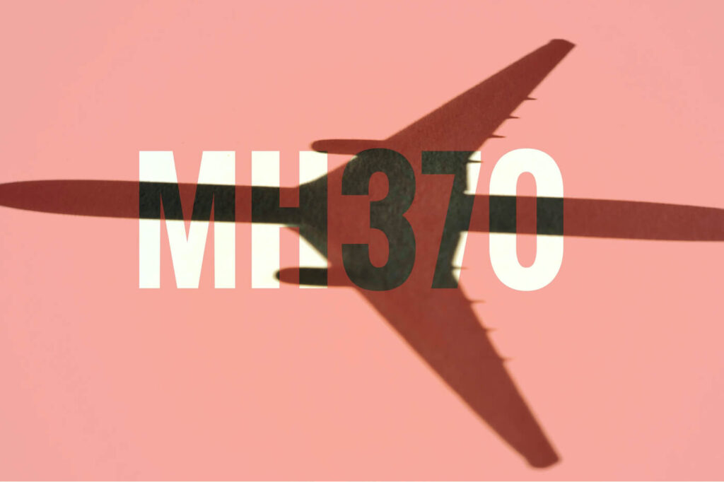MH370 logo and aircraft on a rose pink background