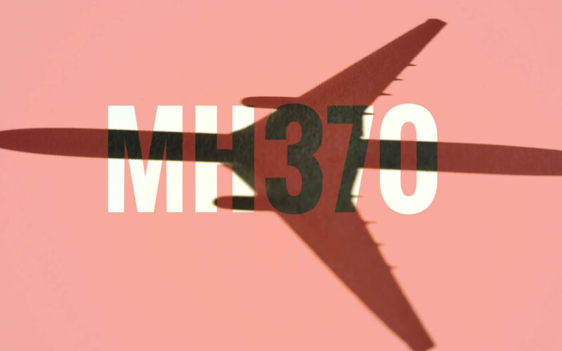 MH370 logo and aircraft on a rose-pink background