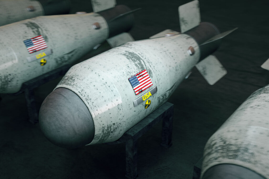 The nuclear warheads USA .Weapons of mass destruction. bomb. Missile system. 3d rendering.
