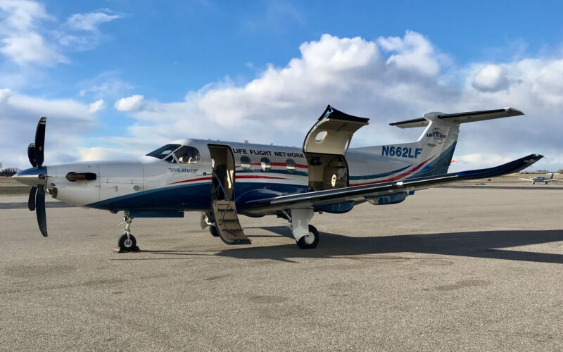 A Pilatus PC-12 of Life Flight Network parked on the ramp at Idaho Falls Regional Airport