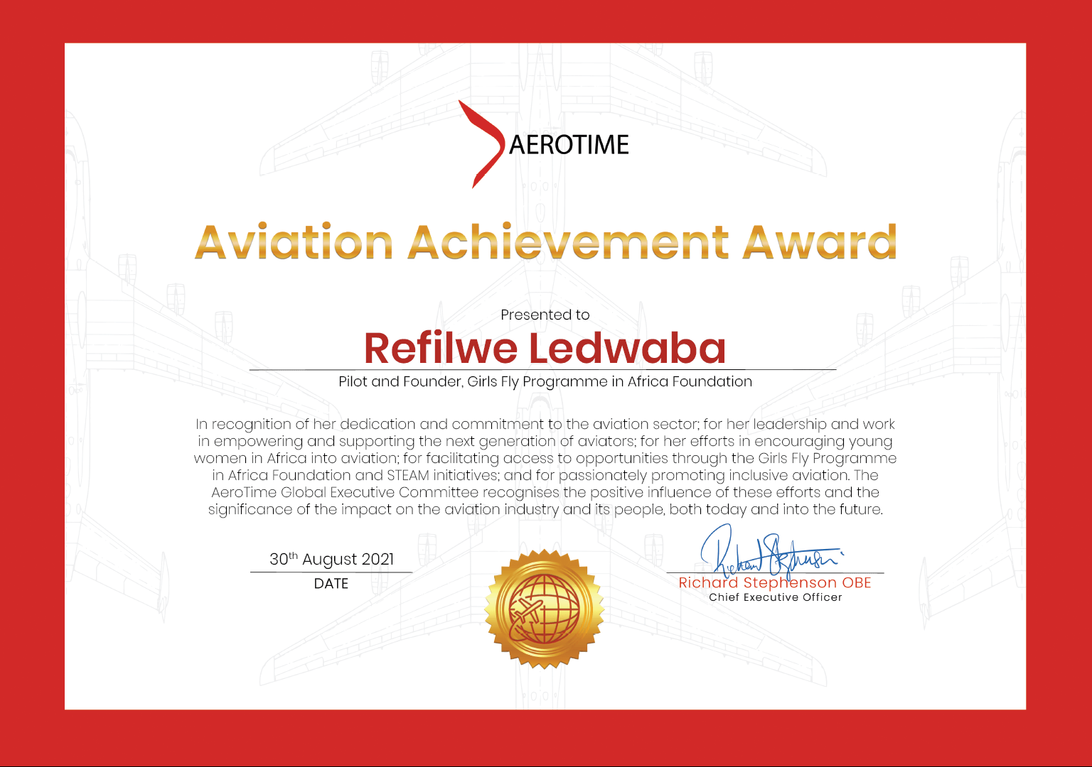 Refilwe Ledwaba, AeroTime Aviation Achievement Award