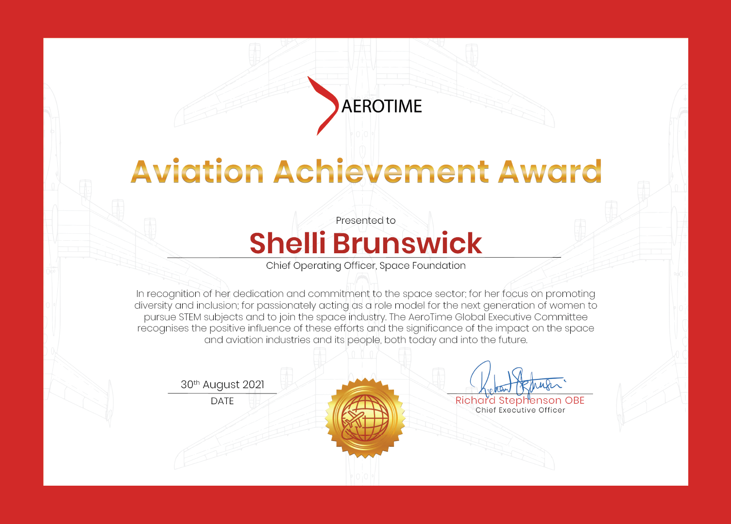 Shelli Brunswick, AeroTime Aviation Achievement Award
