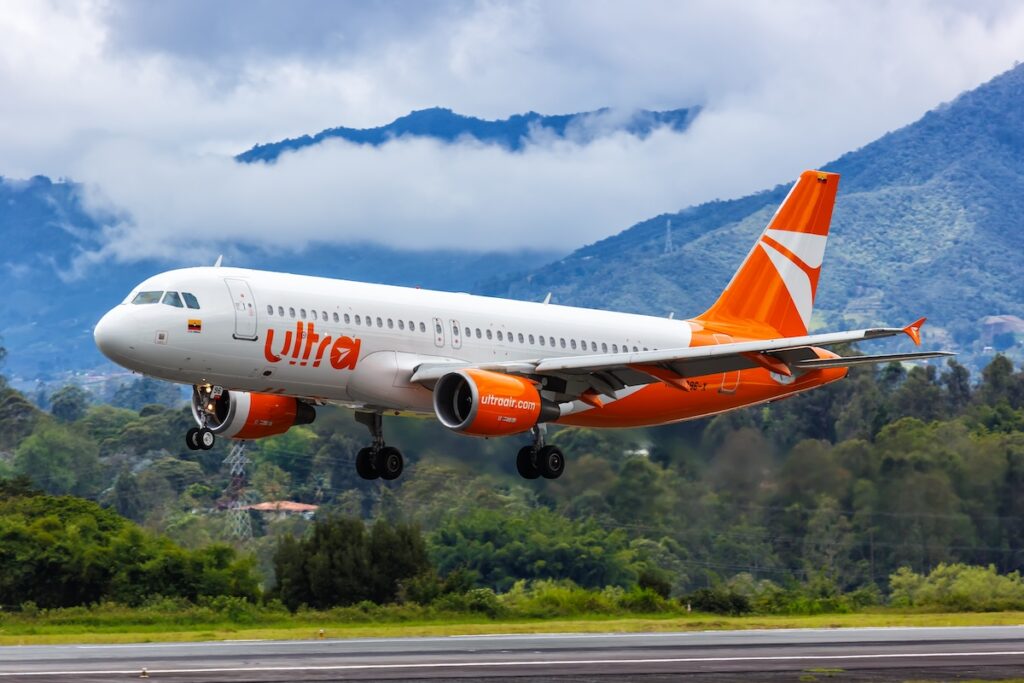 Medellin, Colombia - April 19, 2022: Ultra Air Airbus A320 airplane at Medellin Rionegro airport (MDE) in Colombia.