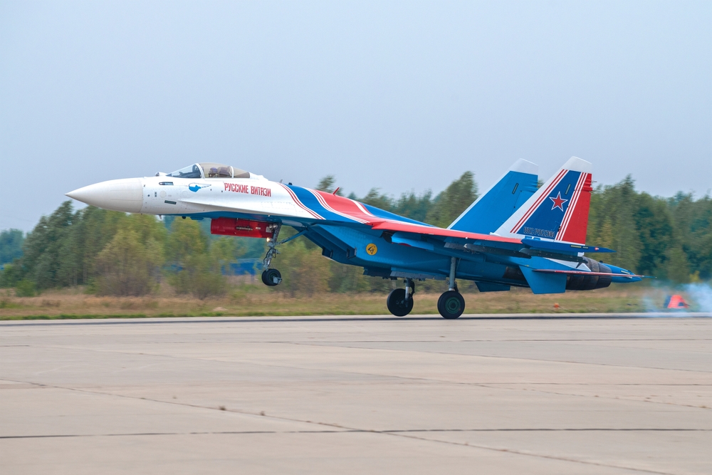 Sukhoi Su-35S jet fighter of Russian Knights aerobatics team 
