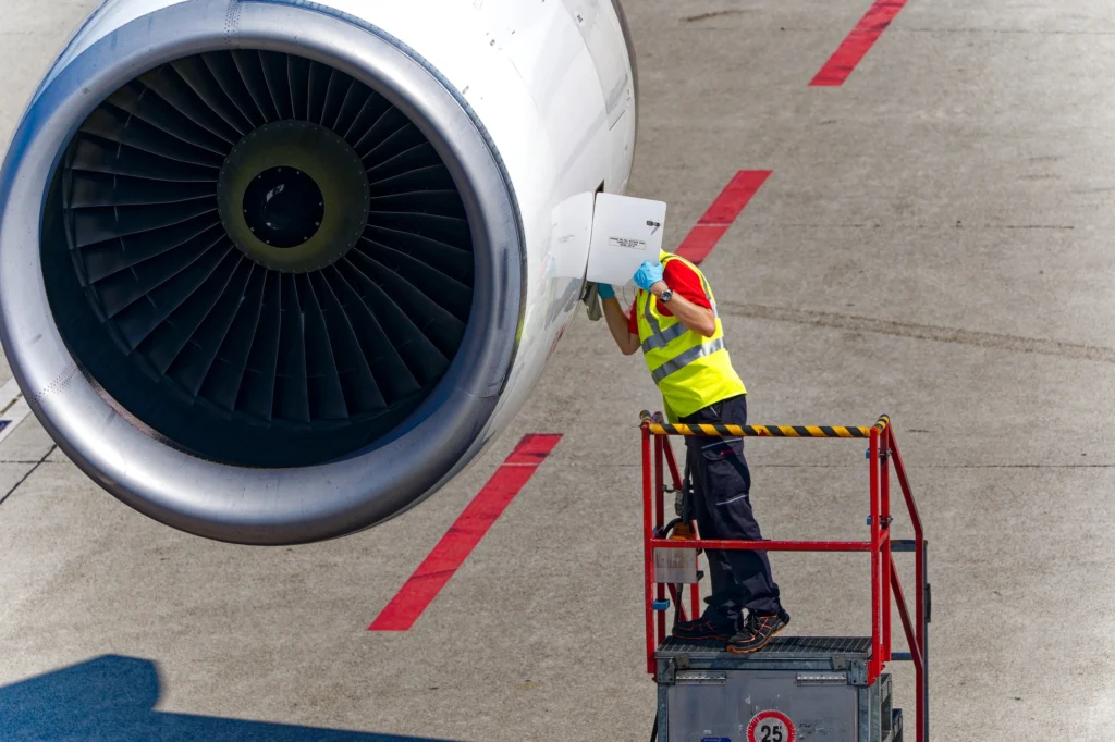 Airport technician doing maintenance work Airport technician doing maintenance work