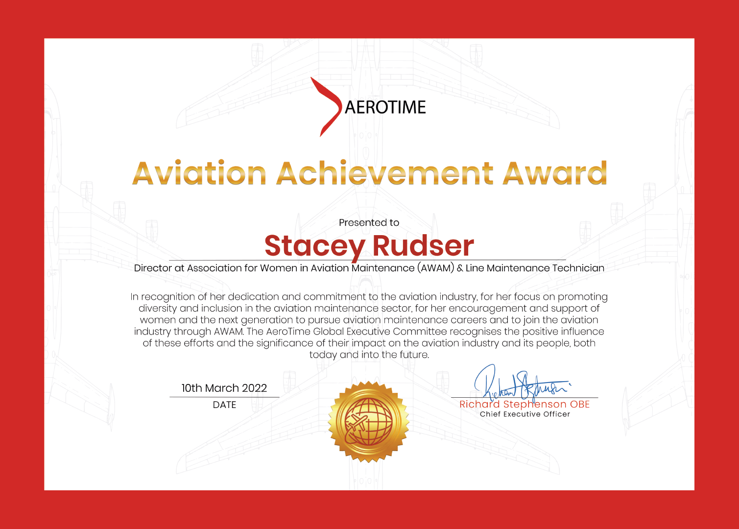 Stacey Rudser, AeroTime Aviation Achievement Award