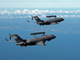 Two GlobalEye aircraft flying in formation